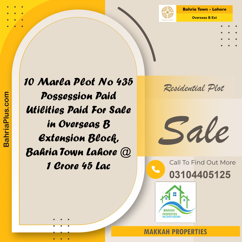10 Marla Residential Plot for Sale in Overseas B Ext -  Bahria Town, Lahore - (BP-336674)