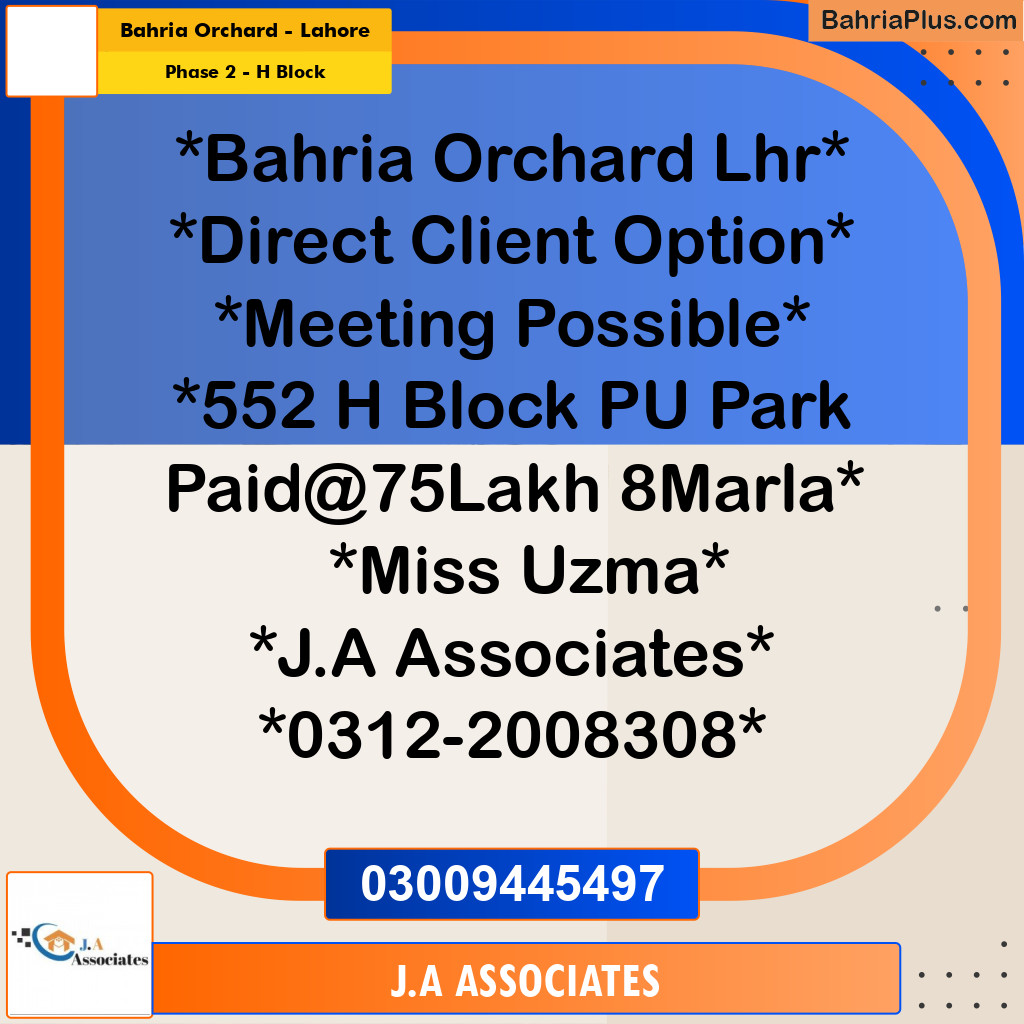 8 Marla Residential Plot for Sale in Phase 2 - H Block -  Bahria Orchard, Lahore - (BP-336688)