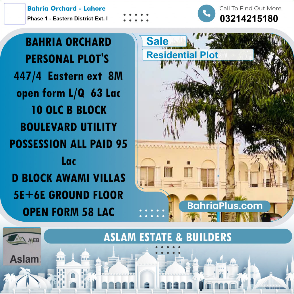 8 Marla Residential Plot for Sale in Phase 1 - Eastern District Ext. I -  Bahria Orchard, Lahore - (BP-336713)