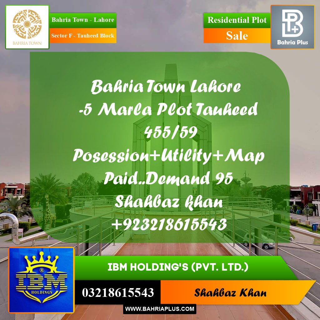 5 Marla Residential Plot for Sale in Sector F - Tauheed Block -  Bahria Town, Lahore - (BP-336848)