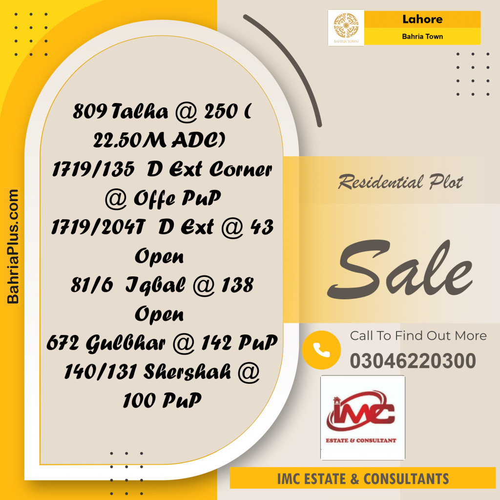 Residential Plot for Sale in Bahria Town, Lahore - (BP-336959)