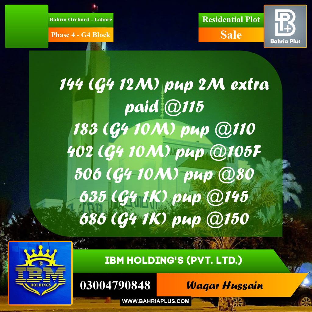 10 Marla Residential Plot for Sale in Phase 4 - G4 Block -  Bahria Orchard, Lahore - (BP-336962)