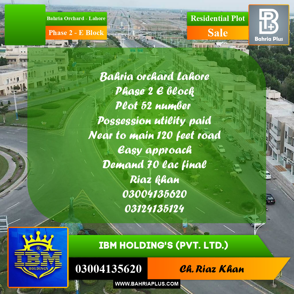 8 Marla Residential Plot for Sale in Phase 2 - E Block -  Bahria Orchard, Lahore - (BP-336988)