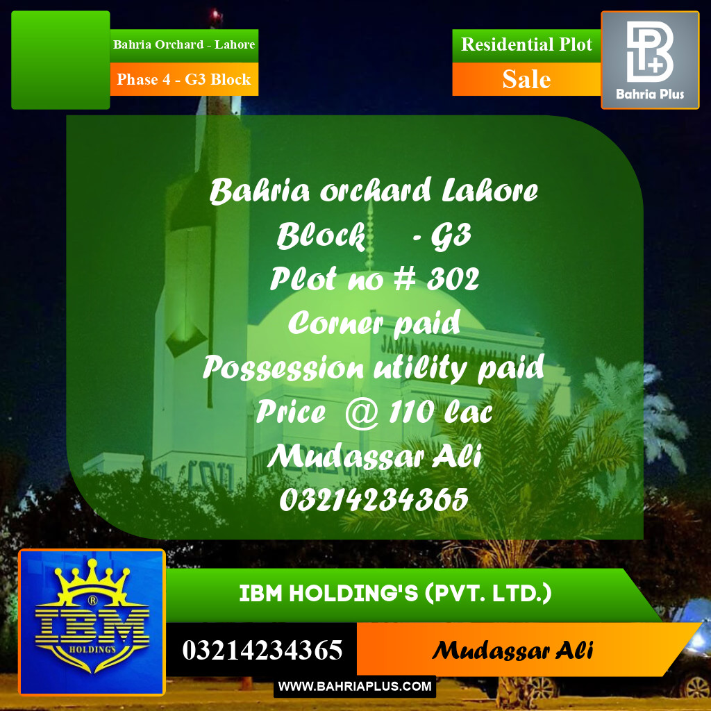 10 Marla Residential Plot for Sale in Phase 4 - G3 Block -  Bahria Orchard, Lahore - (BP-337091)