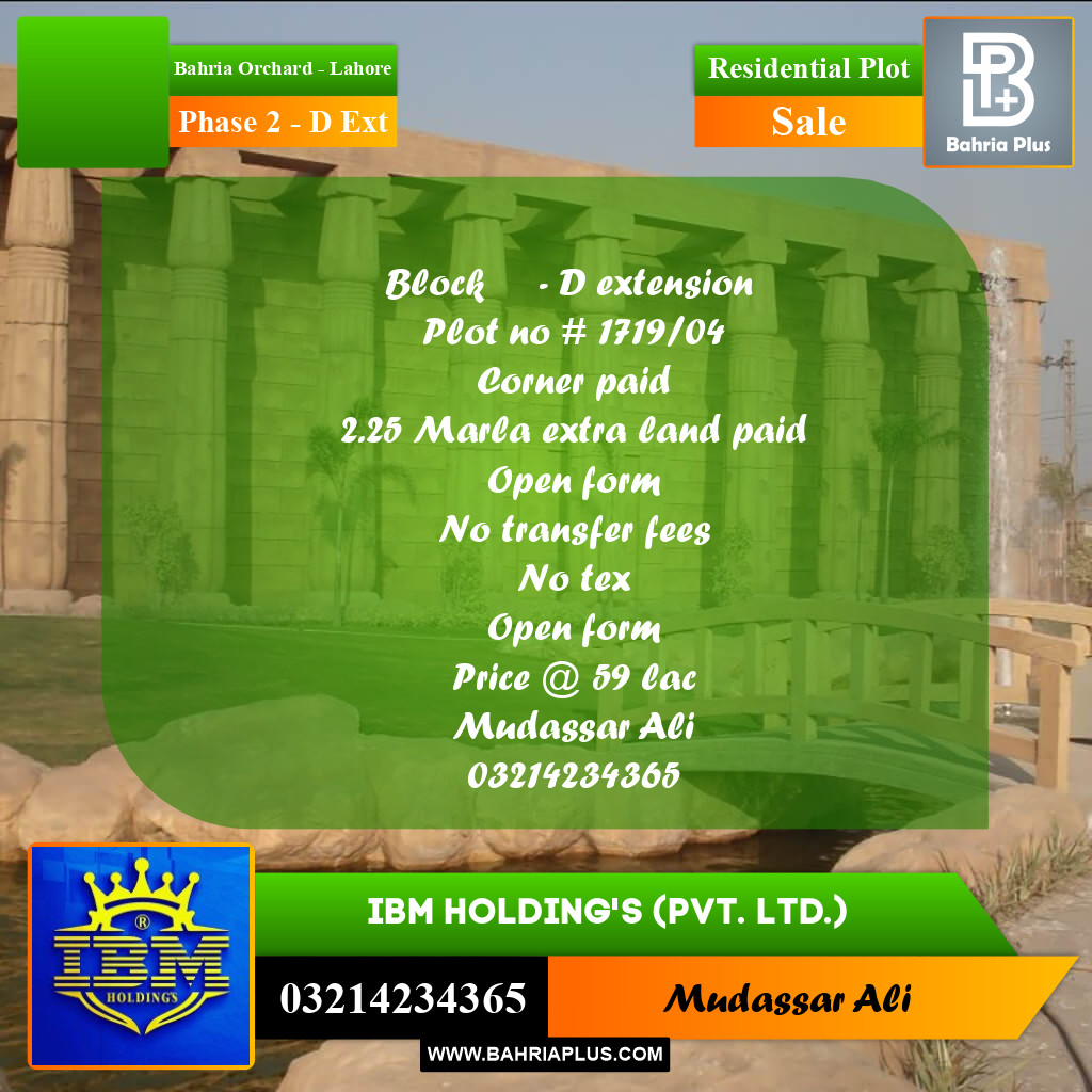 7.25 Marla Residential Plot for Sale in Phase 2 - D Ext -  Bahria Orchard, Lahore - (BP-337107)