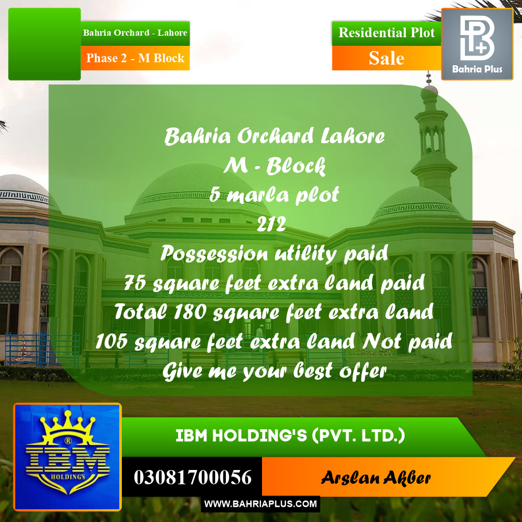 5 Marla Residential Plot for Sale in Phase 2 - M Block -  Bahria Orchard, Lahore - (BP-337117)