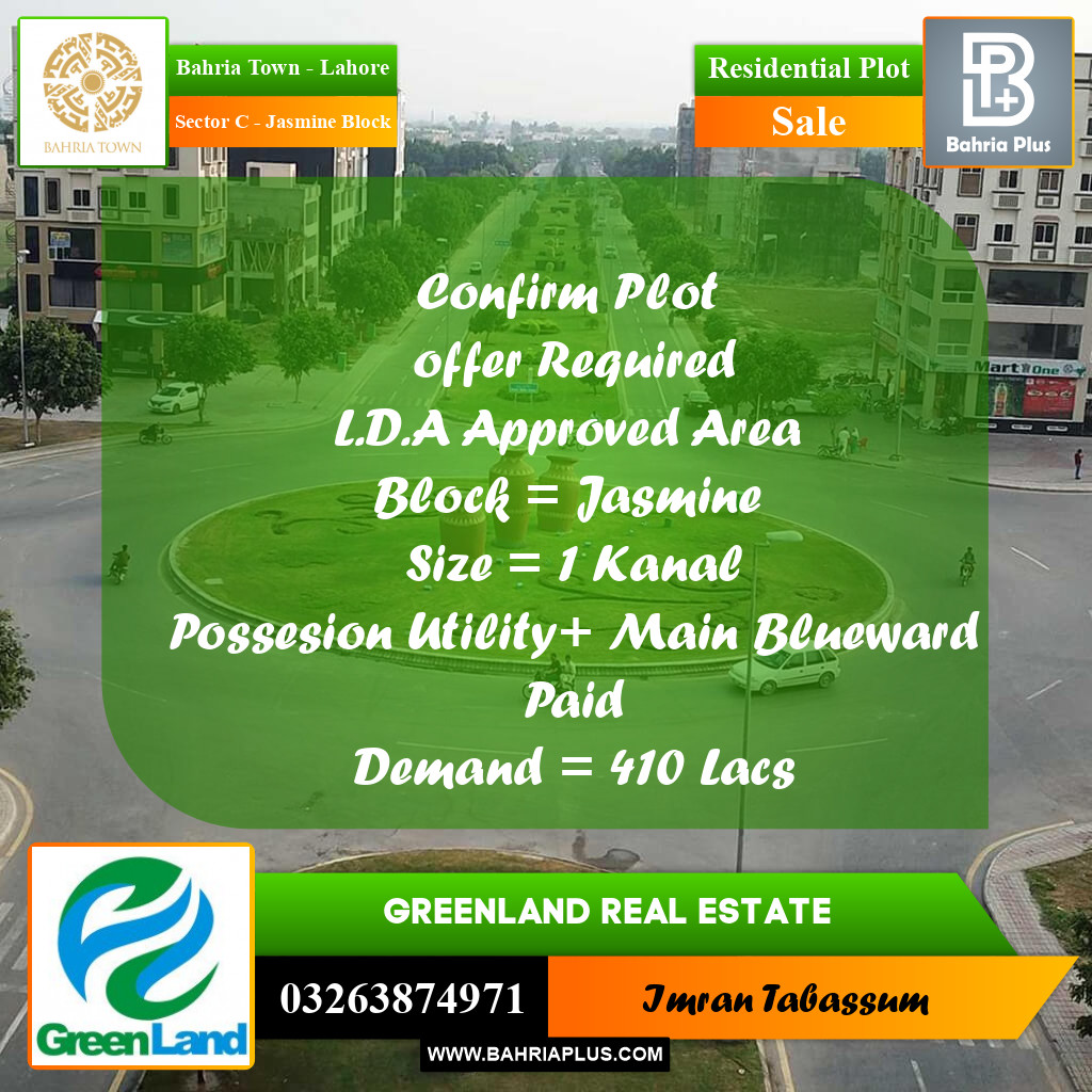 1 Kanal Residential Plot for Sale in Sector C - Jasmine Block -  Bahria Town, Lahore - (BP-337333)