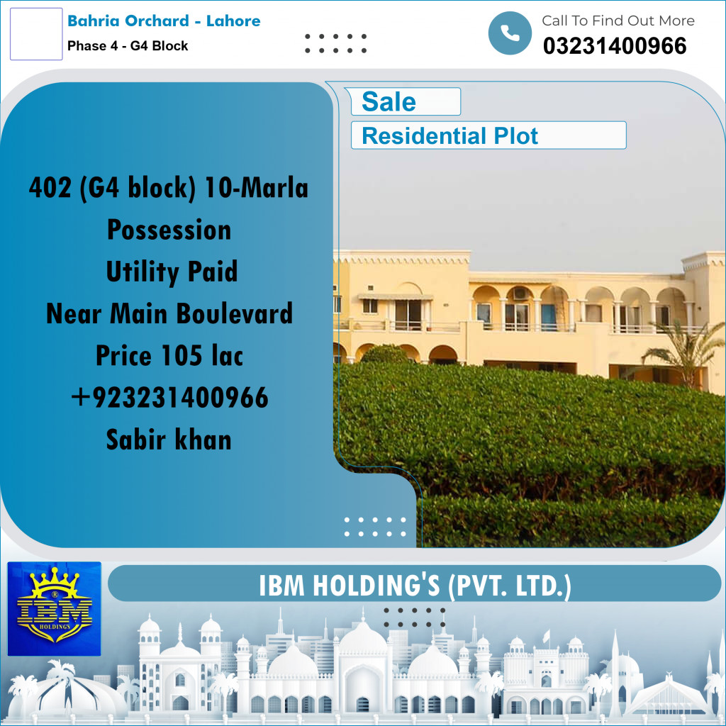 10 Marla Residential Plot for Sale in Phase 4 - G4 Block -  Bahria Orchard, Lahore - (BP-337337)