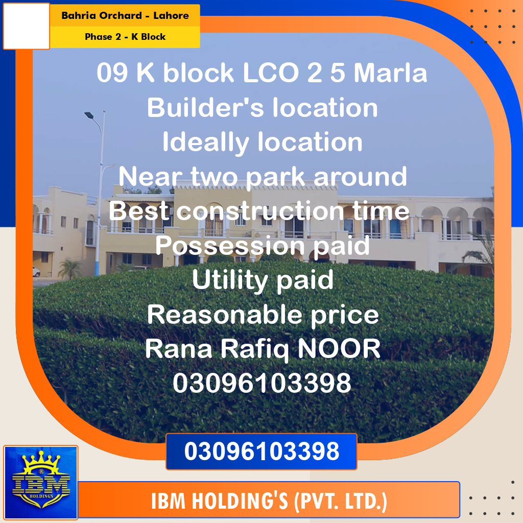 5 Marla Residential Plot for Sale in Phase 2 - K Block -  Bahria Orchard, Lahore - (BP-346604)