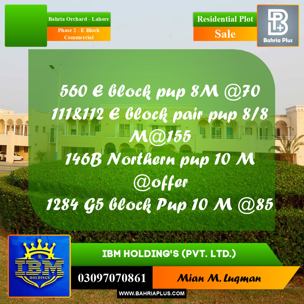 8 Marla Residential Plot for Sale in Phase 2 - E Block Commercial -  Bahria Orchard, Lahore - (BP-346720)