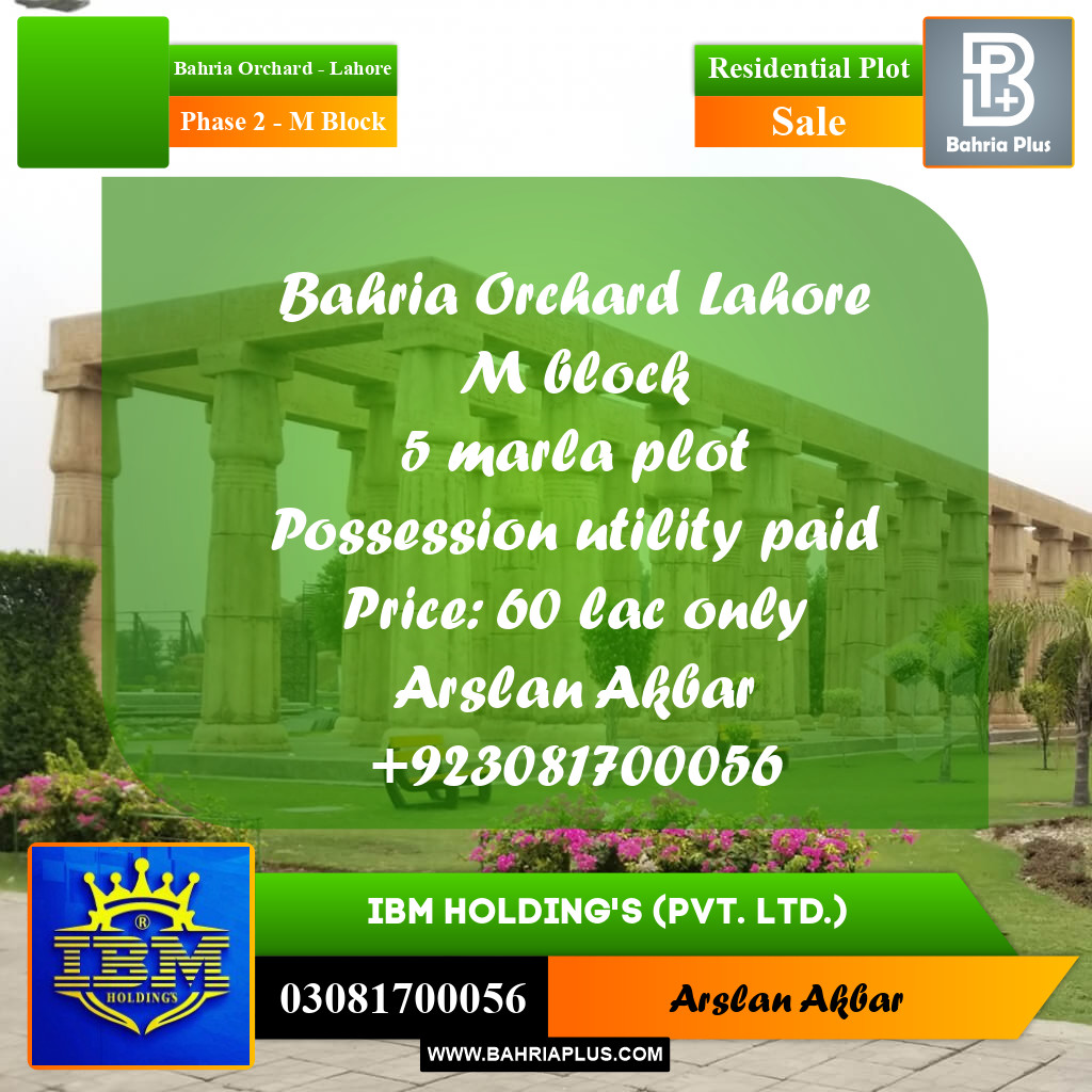 5 Marla Residential Plot for Sale in Phase 2 - M Block -  Bahria Orchard, Lahore - (BP-346755)