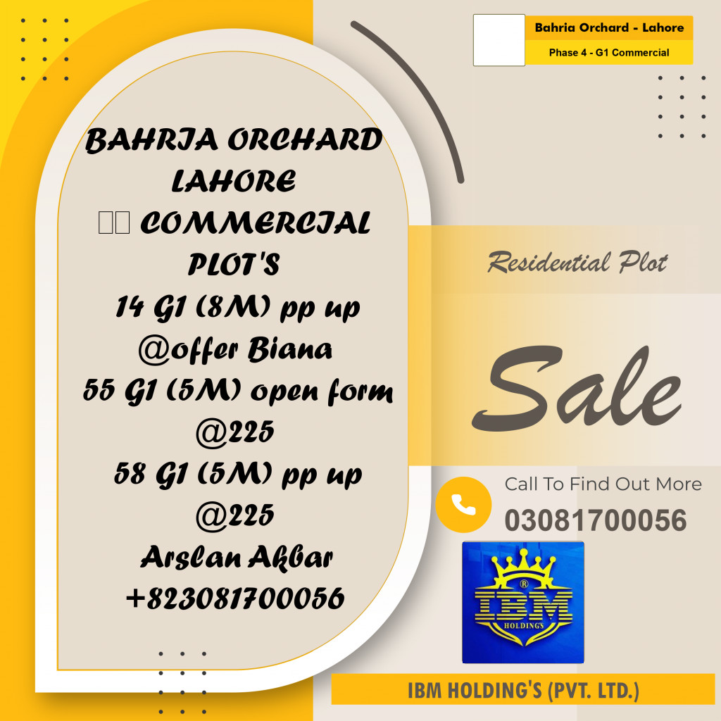 8 Marla Residential Plot for Sale in Phase 4 - G1 Commercial -  Bahria Orchard, Lahore - (BP-346767)