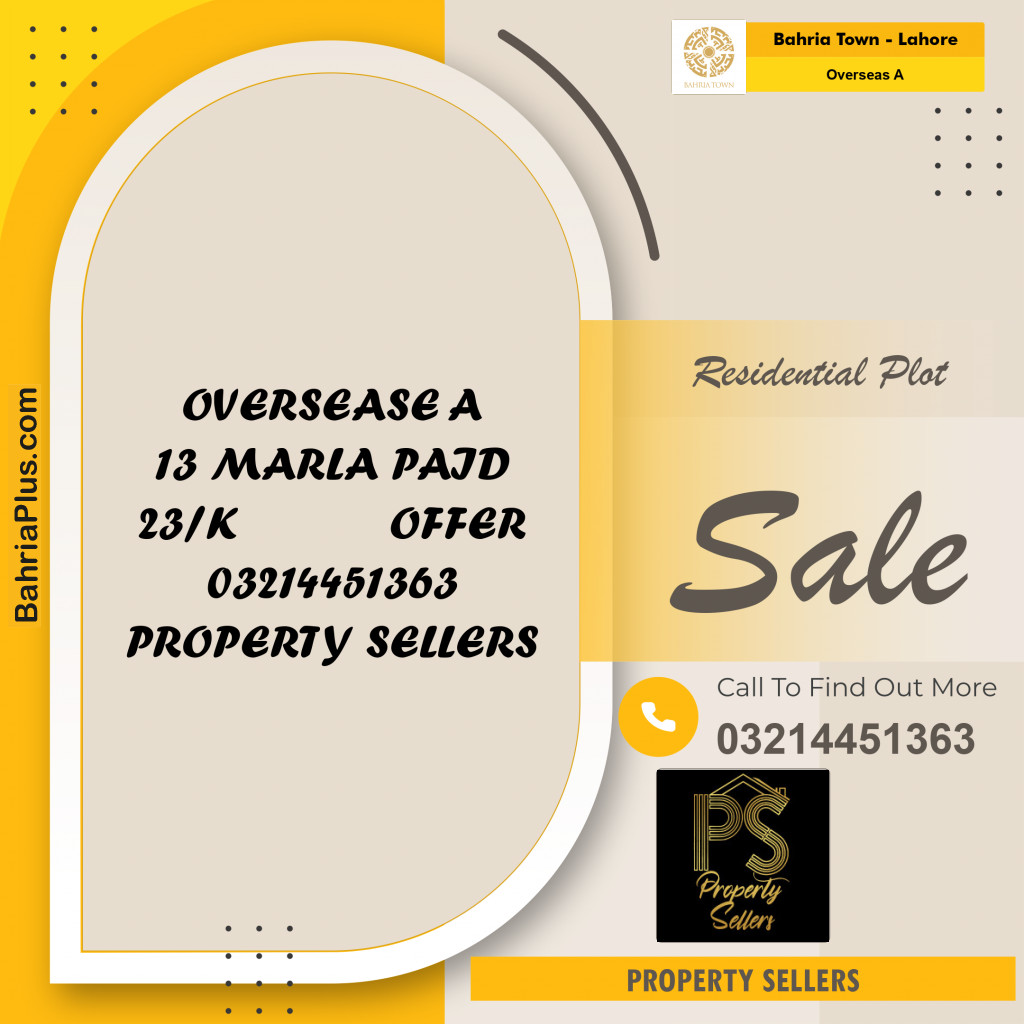 13 Marla Residential Plot for Sale in Overseas A -  Bahria Town, Lahore - (BP-346792)