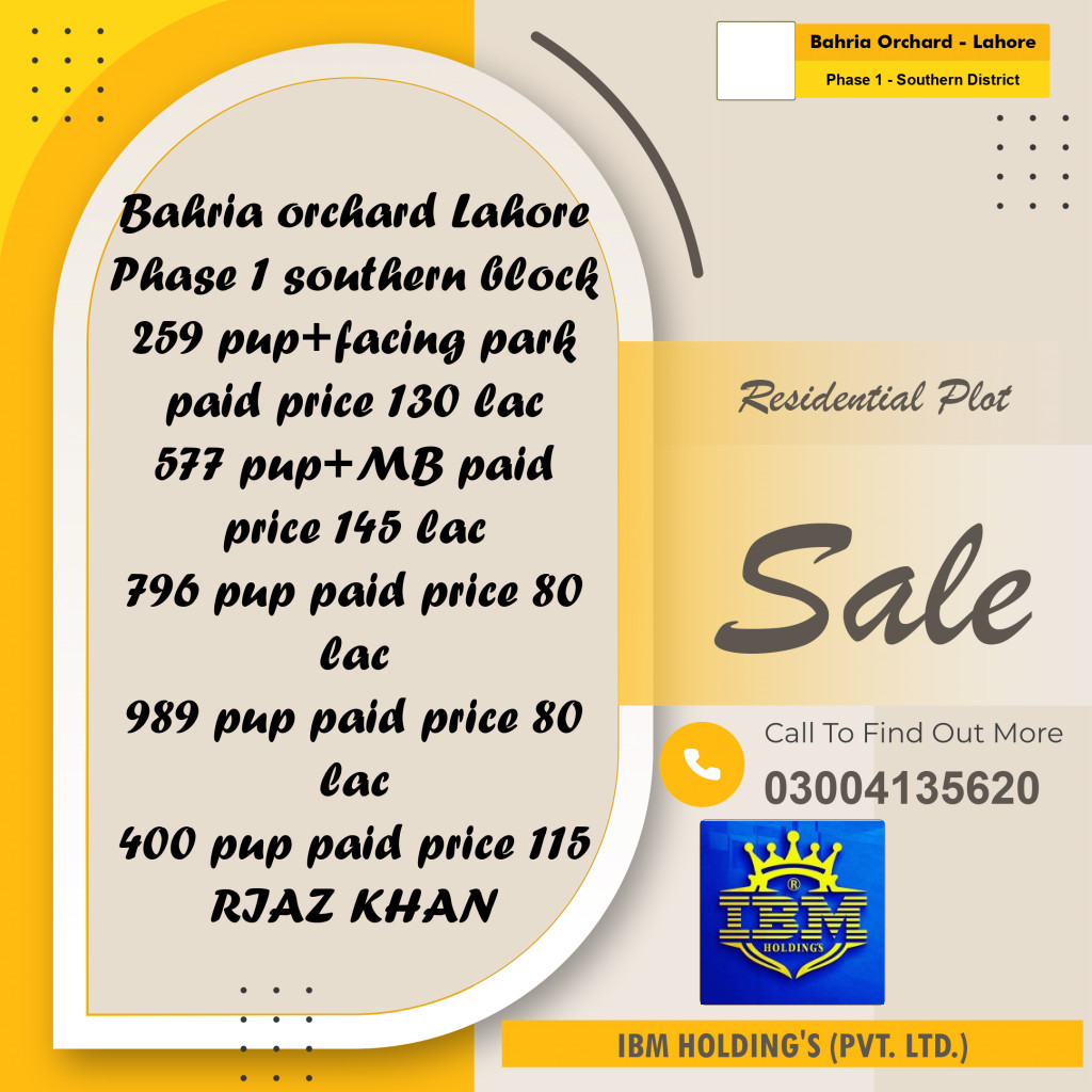10 Marla Residential Plot for Sale in Phase 1 - Southern District -  Bahria Orchard, Lahore - (BP-346796)