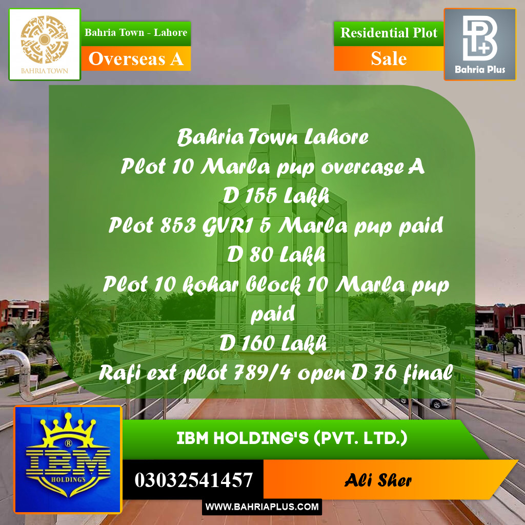 10 Marla Residential Plot for Sale in Overseas A -  Bahria Town, Lahore - (BP-346812)
