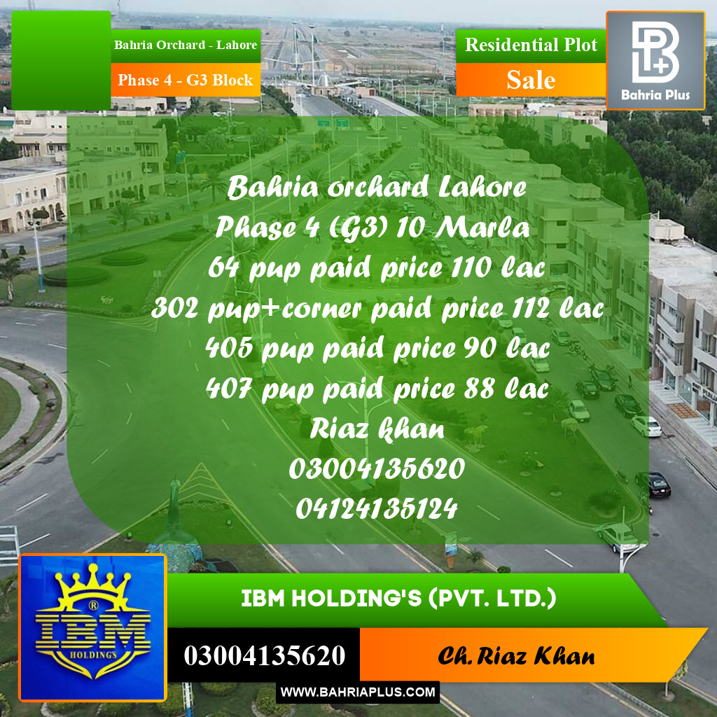 10 Marla Residential Plot for Sale in Phase 4 - G3 Block -  Bahria Orchard, Lahore - (BP-346826)