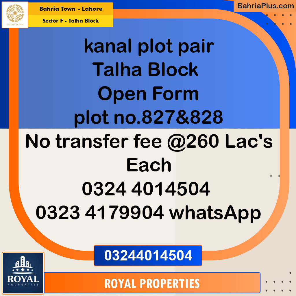 Residential Plot for Sale in Sector F - Talha Block -  Bahria Town, Lahore - (BP-346832)