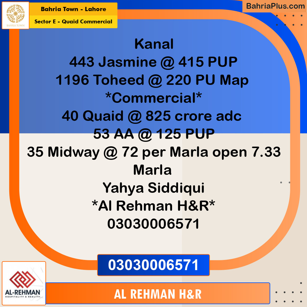 5 Marla Residential Plot for Sale in Sector E - Quaid Commercial -  Bahria Town, Lahore - (BP-346908)