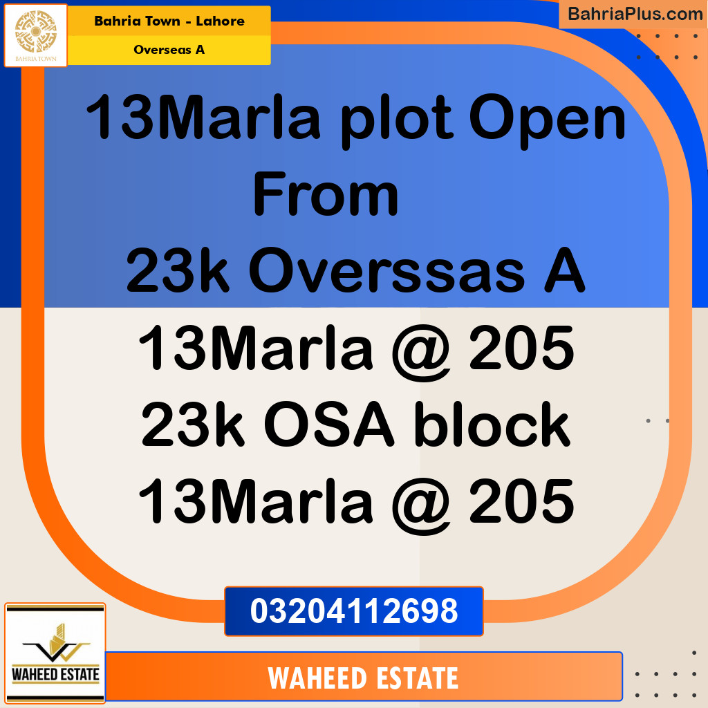13 Marla Residential Plot for Sale in Overseas A -  Bahria Town, Lahore - (BP-346911)
