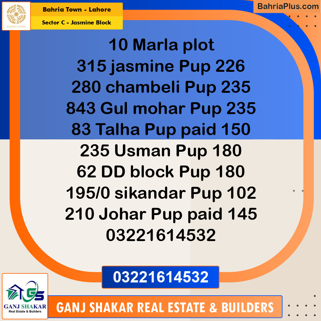 10 Marla Residential Plot for Sale in Sector C - Jasmine Block -  Bahria Town, Lahore - (BP-346932)