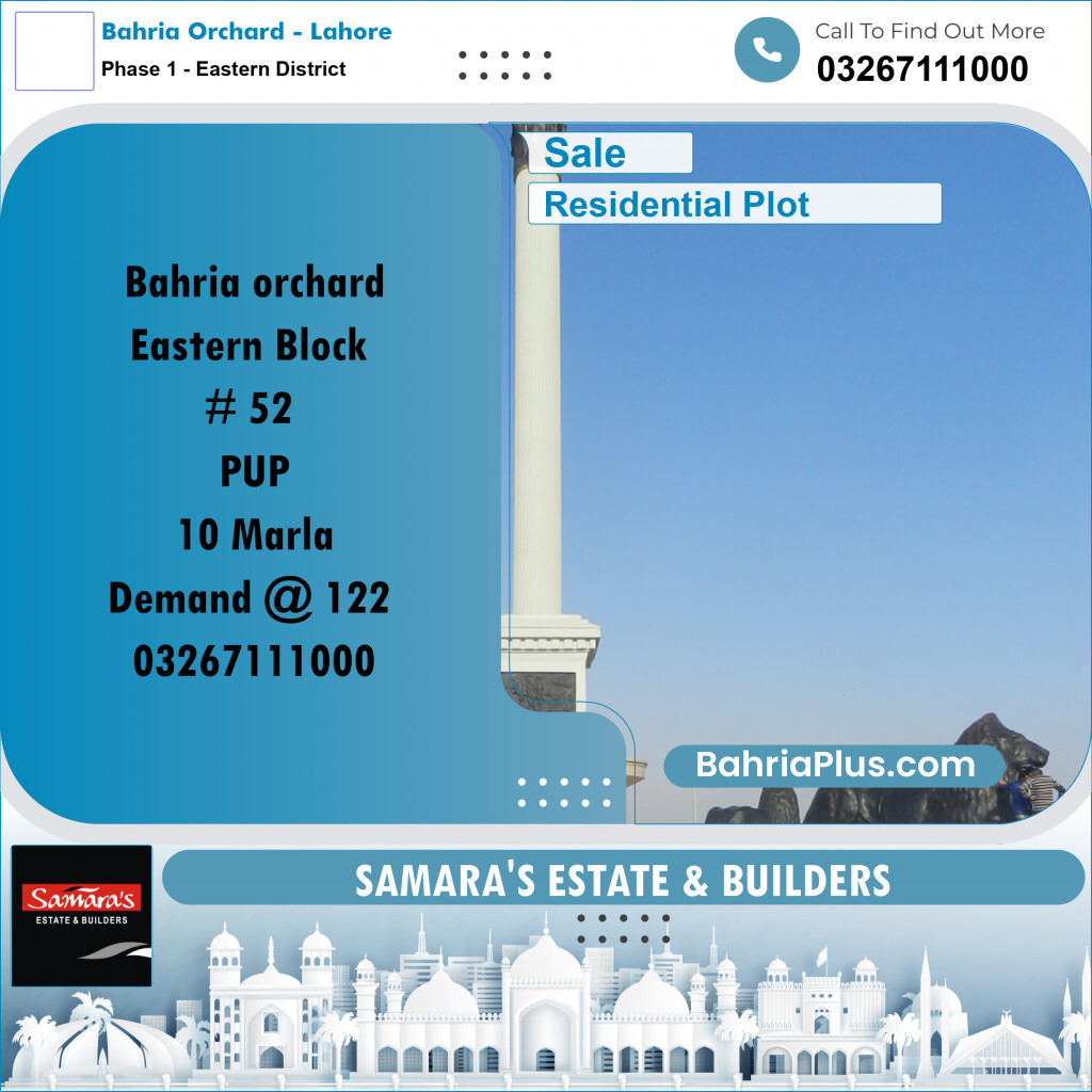 10 Marla Residential Plot for Sale in Phase 1 - Eastern District -  Bahria Orchard, Lahore - (BP-347180)