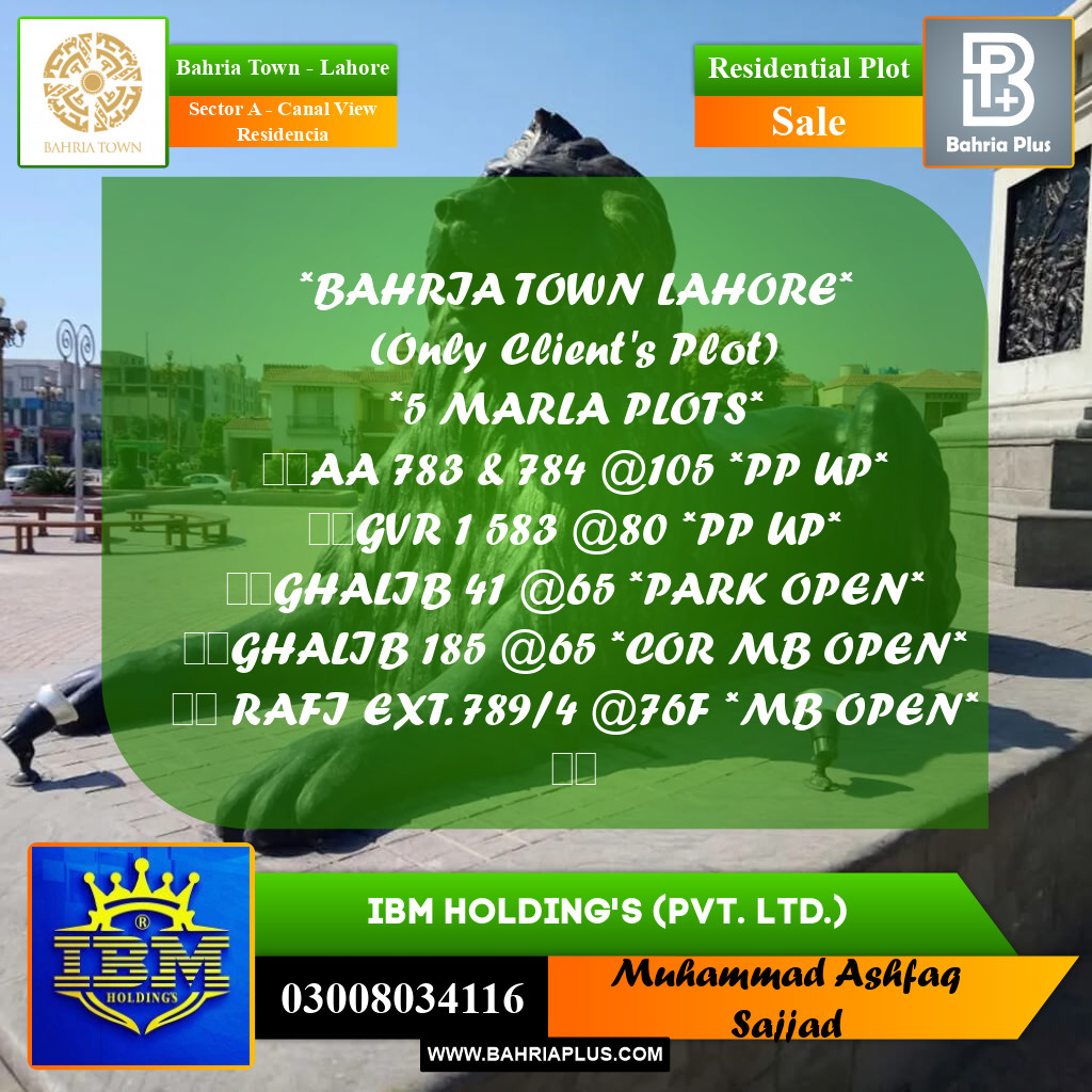 10 Marla Residential Plot for Sale in Sector A - Canal View Residencia -  Bahria Town, Lahore - (BP-347306)