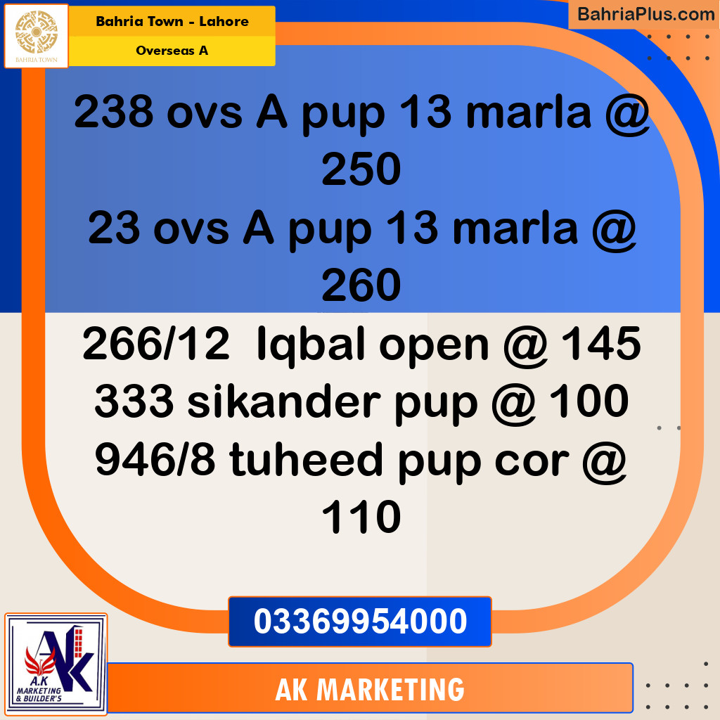 13 Marla Residential Plot for Sale in Overseas A -  Bahria Town, Lahore - (BP-347328)