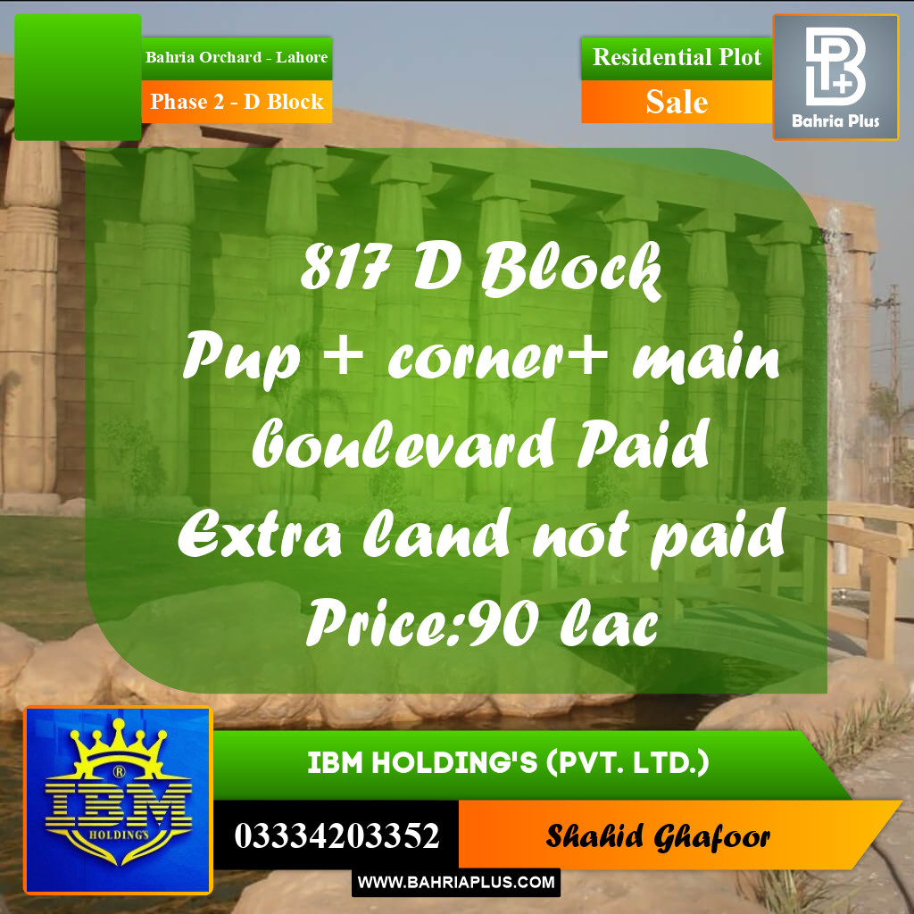 8 Marla Residential Plot for Sale in Phase 2 - D Block -  Bahria Orchard, Lahore - (BP-347374)