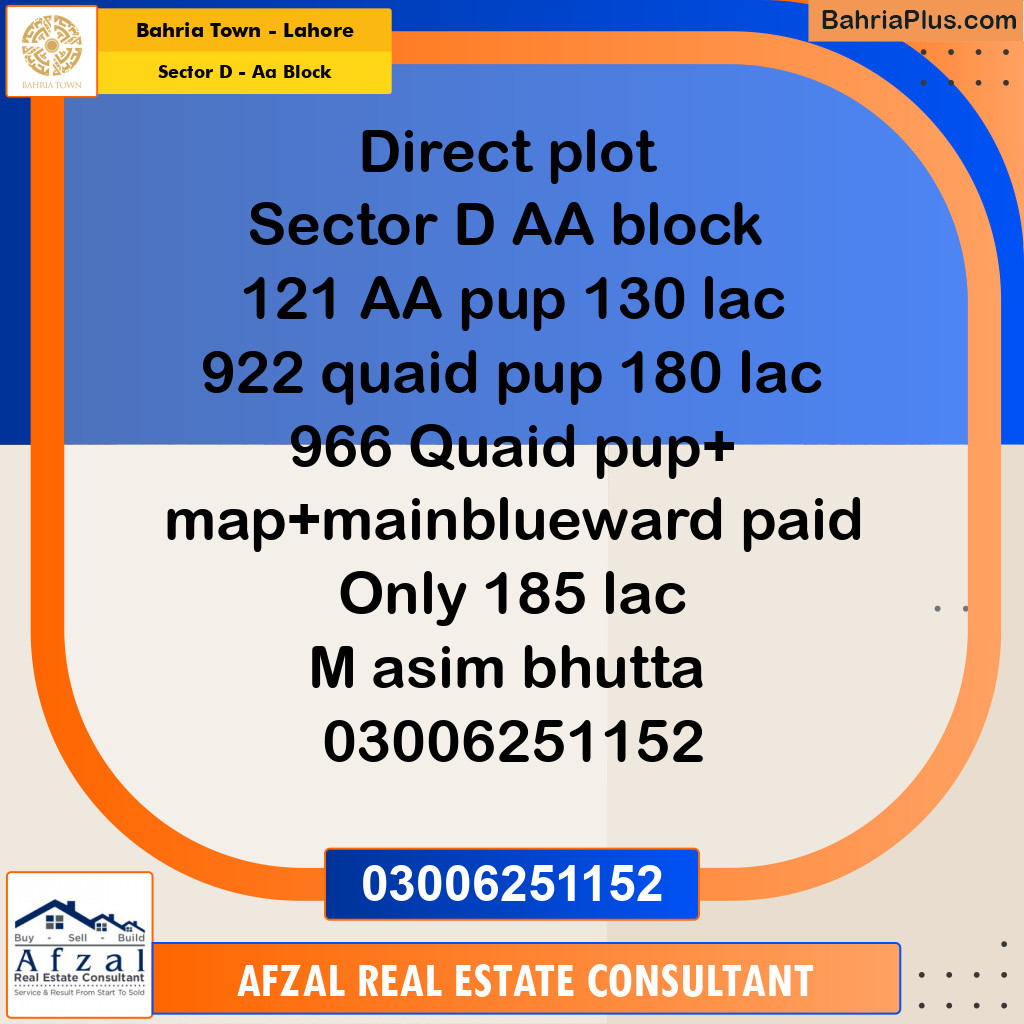 10 Marla Residential Plot for Sale in Sector D - AA Block -  Bahria Town, Lahore - (BP-347400)