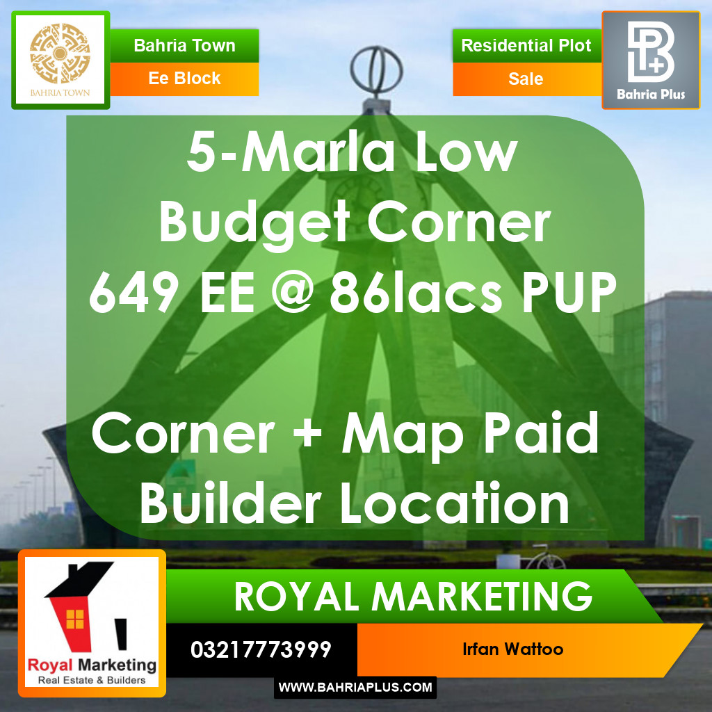 5 Marla Residential Plot for Sale in Sector D - EE Block -  Bahria Town, Lahore - (BP-347410)