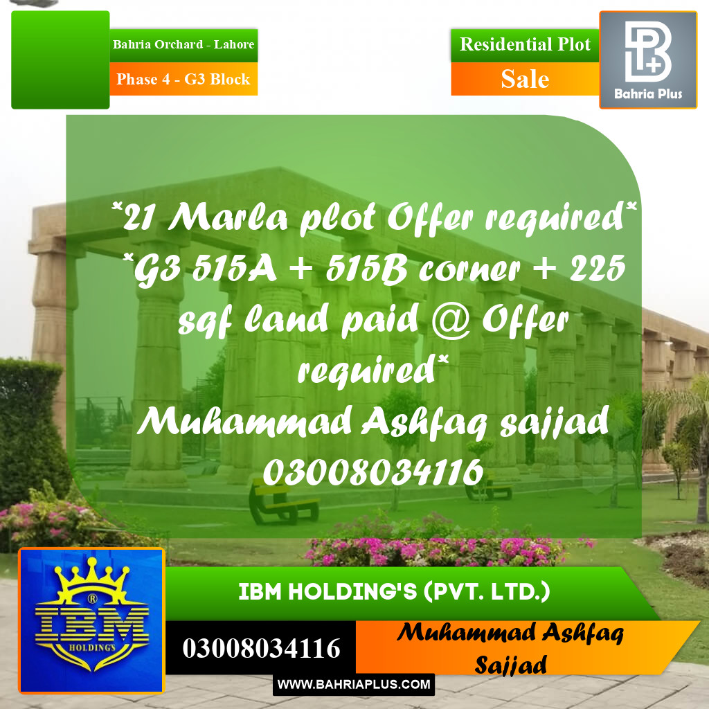21 Marla Residential Plot for Sale in Phase 4 - G3 Block -  Bahria Orchard, Lahore - (BP-347489)