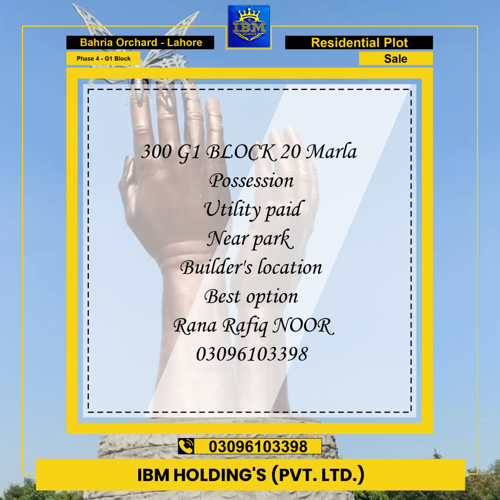 20 Marla Residential Plot for Sale in Phase 4 - G1 Block -  Bahria Orchard, Lahore - (BP-347627)