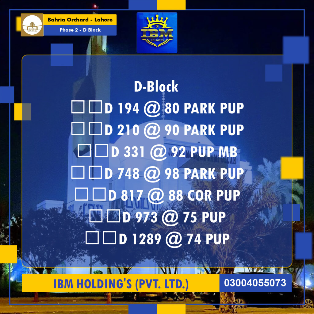 8 Marla Residential Plot for Sale in Phase 2 - D Block -  Bahria Orchard, Lahore - (BP-347764)