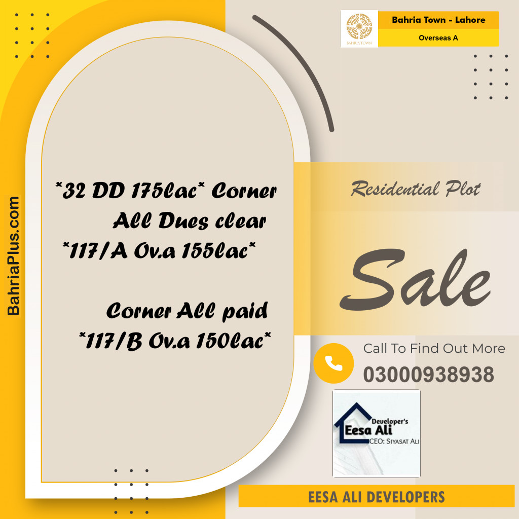 10 Marla Residential Plot for Sale in Overseas A -  Bahria Town, Lahore - (BP-347786)