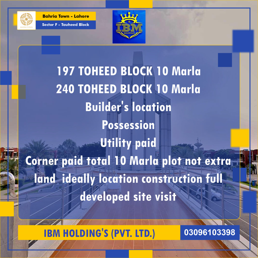 10 Marla Residential Plot for Sale in Sector F - Tauheed Block -  Bahria Town, Lahore - (BP-347943)
