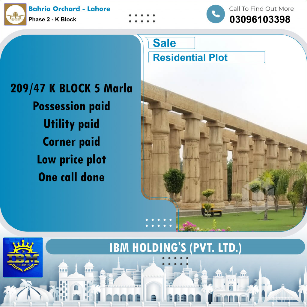 5 Marla Residential Plot for Sale in Phase 2 - K Block -  Bahria Orchard, Lahore - (BP-347945)