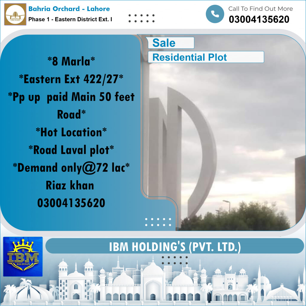 8 Marla Residential Plot for Sale in Phase 1 - Eastern District Ext. I -  Bahria Orchard, Lahore - (BP-347975)