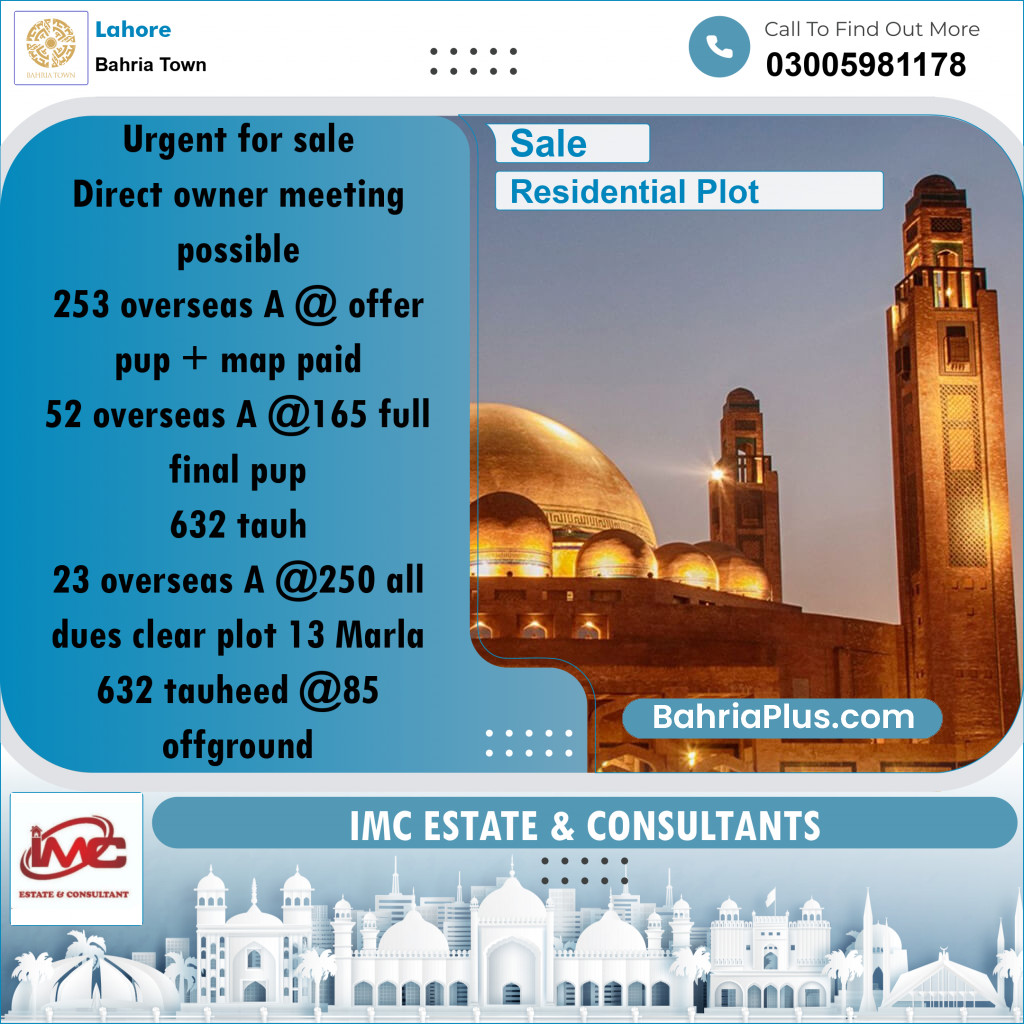 Residential Plot for Sale in Bahria Town, Lahore - (BP-347990)