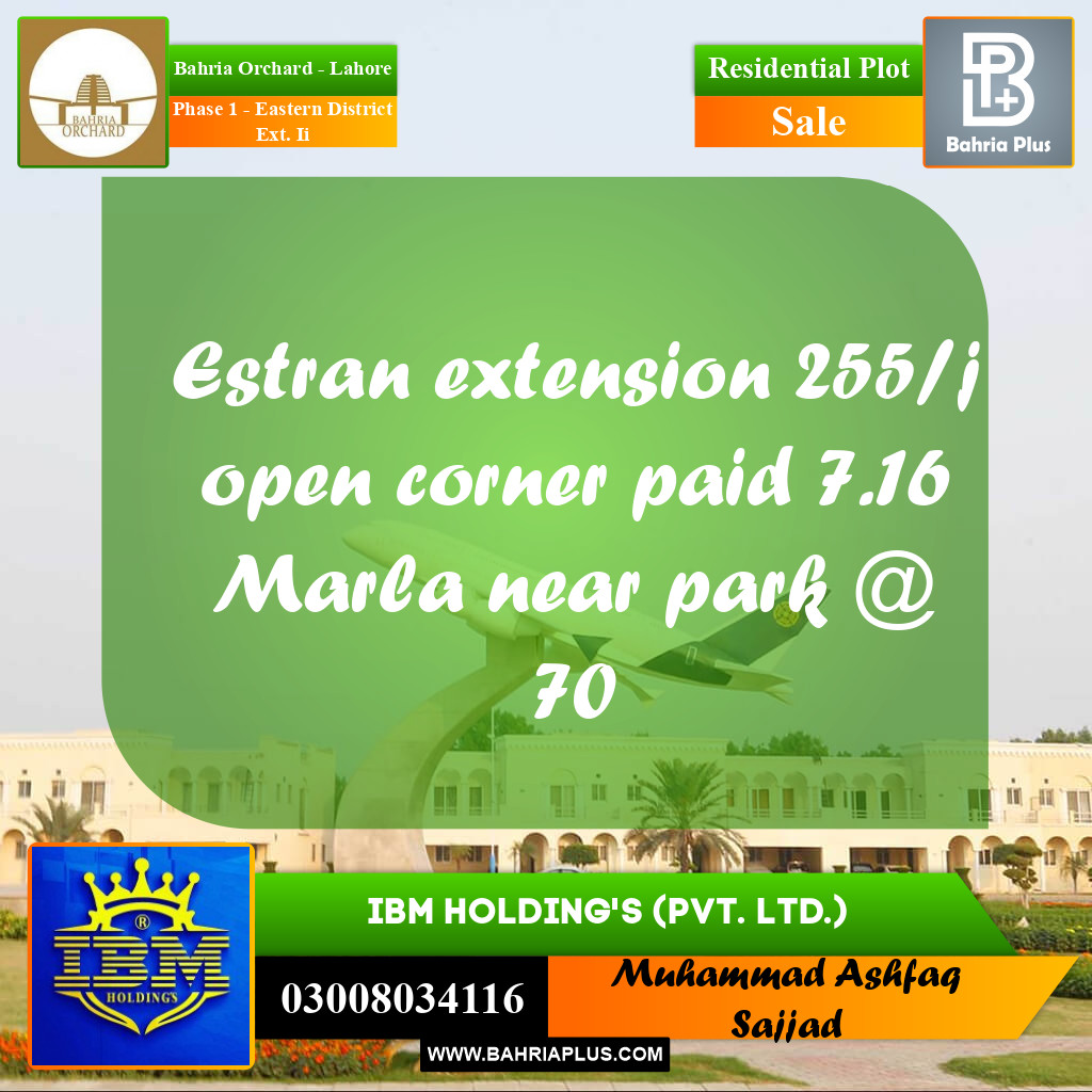 7.16 Marla Residential Plot for Sale in Phase 1 - Eastern District Ext. II -  Bahria Orchard, Lahore - (BP-348022)