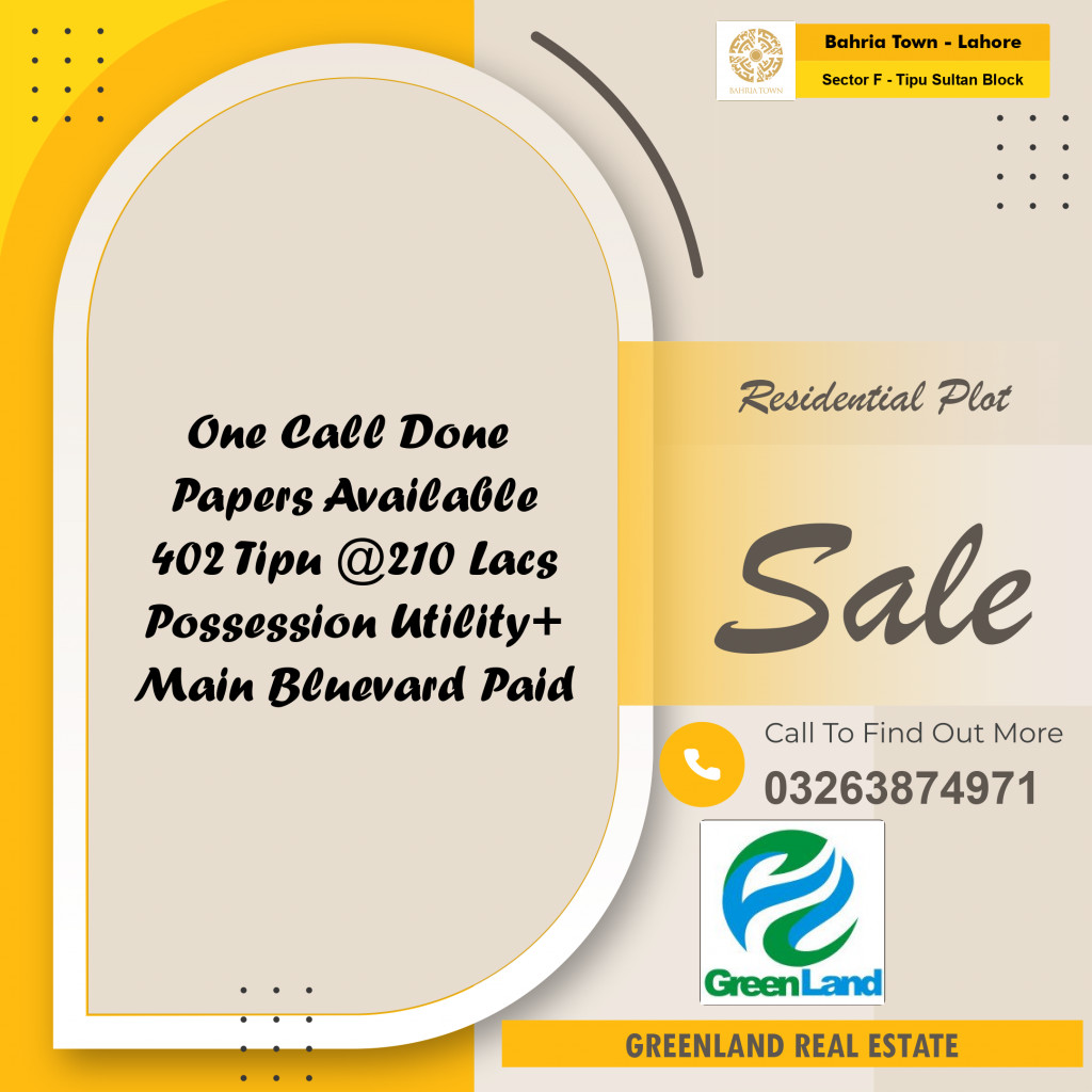 1 Kanal Residential Plot for Sale in Sector F - Tipu Sultan Block -  Bahria Town, Lahore - (BP-348154)