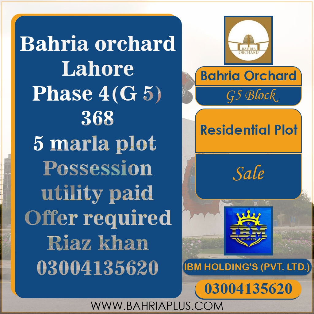 10 Marla Residential Plot for Sale in Phase 4 - G5 Block -  Bahria Orchard, Lahore - (BP-348207)