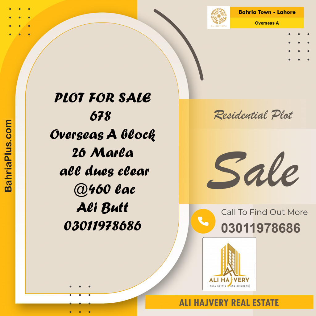 26 Marla Residential Plot for Sale in Overseas A -  Bahria Town, Lahore - (BP-348413)