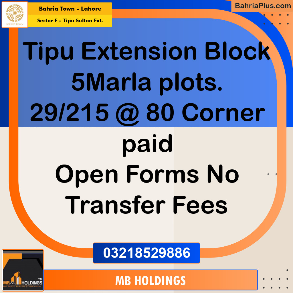 5 Marla Residential Plot for Sale in Sector F - Tipu Sultan Ext. -  Bahria Town, Lahore - (BP-348575)