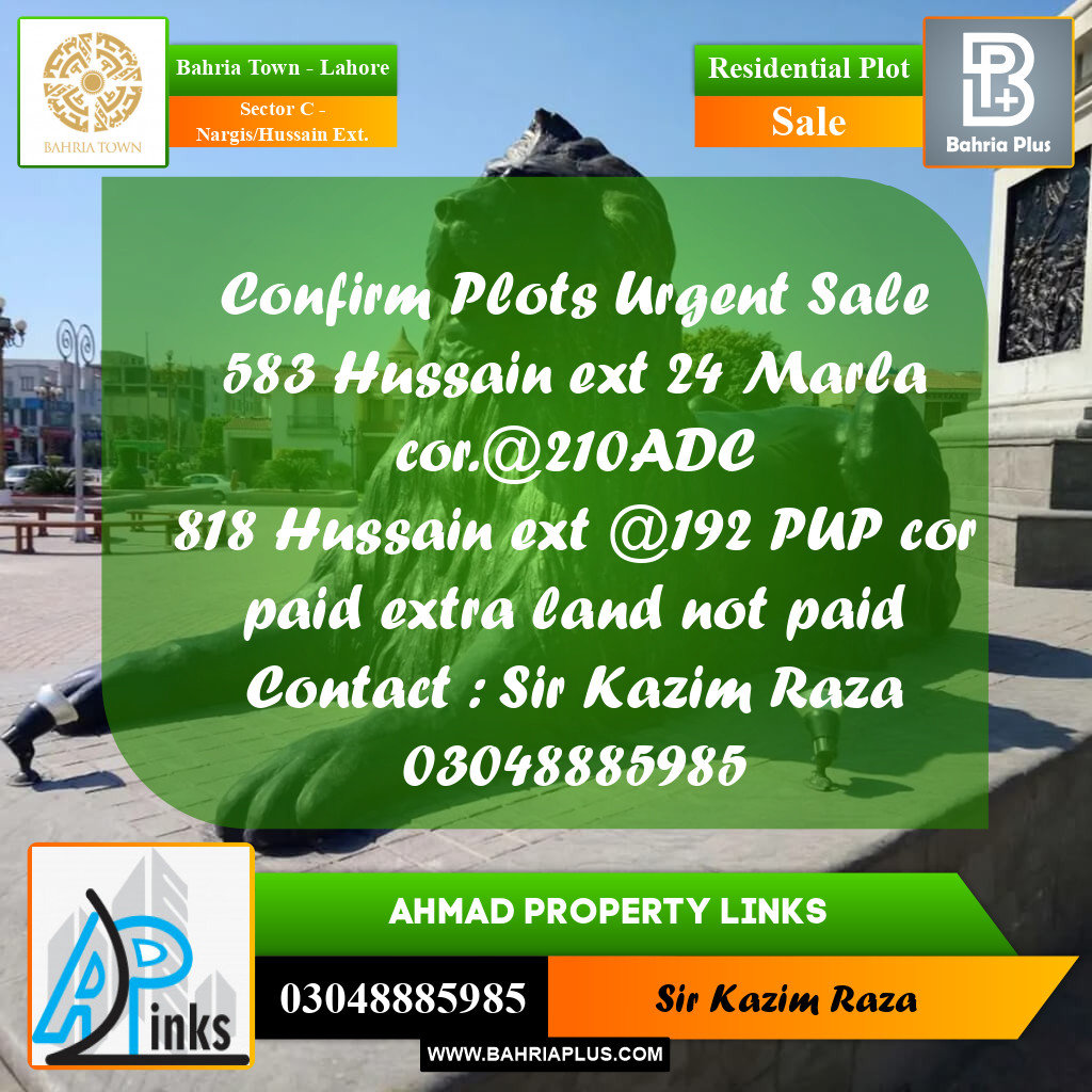 24 Marla Residential Plot for Sale in Sector C - Nargis/Hussain Ext. -  Bahria Town, Lahore - (BP-348710)