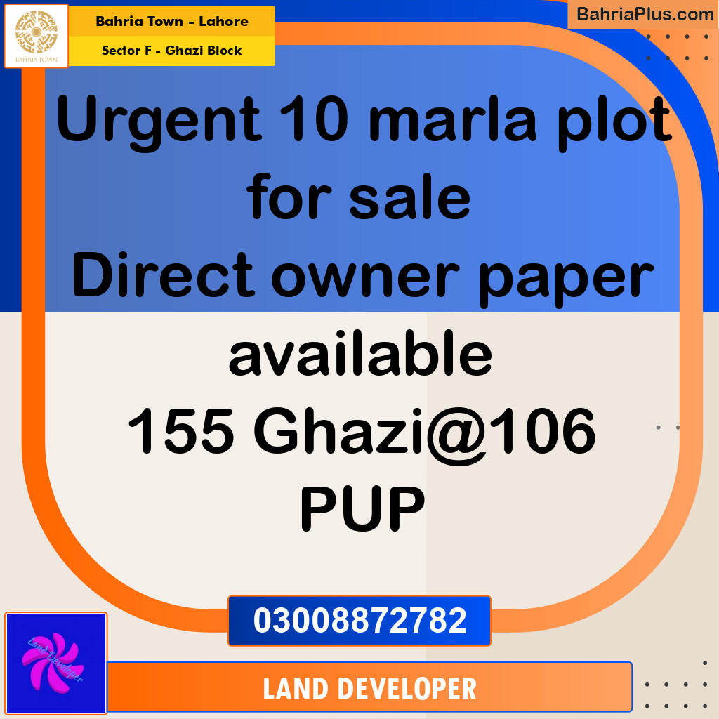 10 Marla Residential Plot for Sale in Sector F - Ghazi Block -  Bahria Town, Lahore - (BP-348717)
