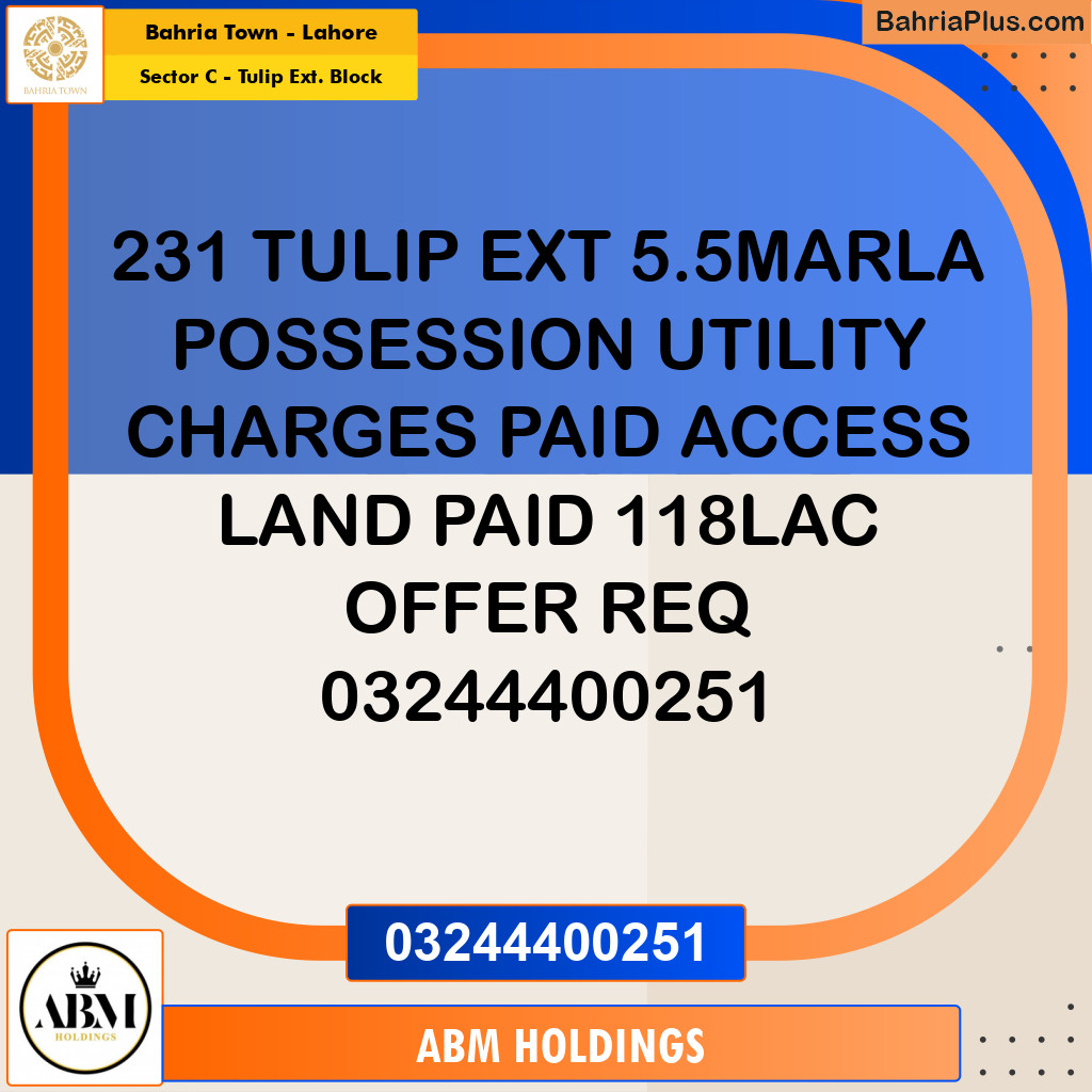 5.5 Marla Residential Plot for Sale in Sector C - Tulip Ext. Block -  Bahria Town, Lahore - (BP-348840)
