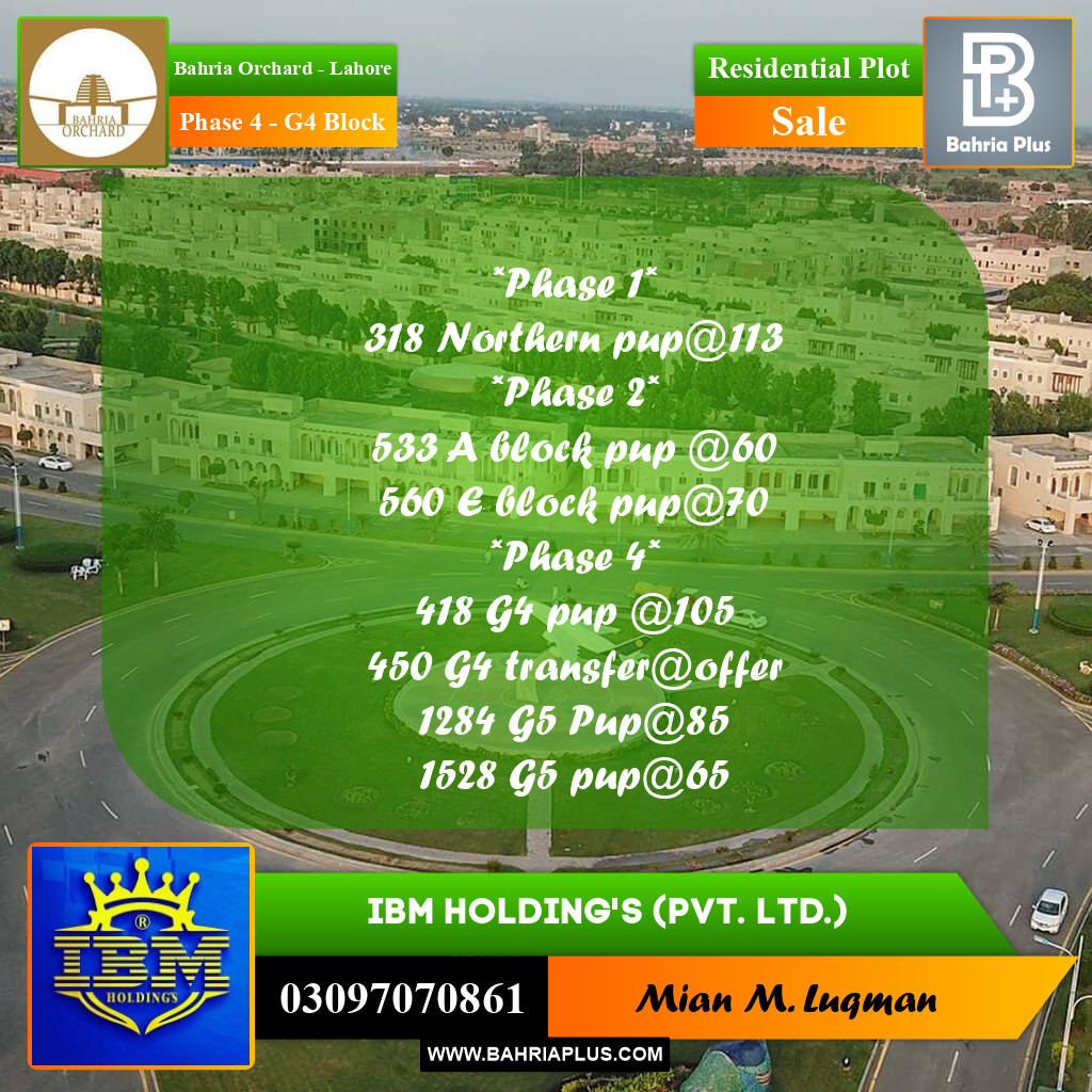 10 Marla Residential Plot for Sale in Phase 4 - G4 Block -  Bahria Orchard, Lahore - (BP-348925)