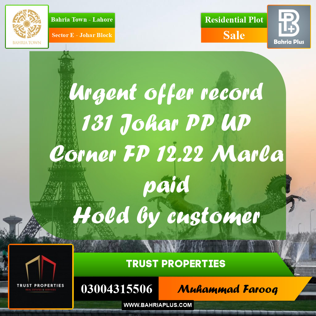 12 Marla Residential Plot for Sale in Sector E - Johar Block -  Bahria Town, Lahore - (BP-349062)