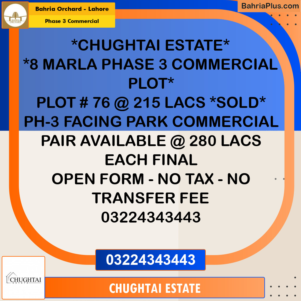 8 Marla Commercial Plot for Sale in Phase 3 Commercial -  Bahria Orchard, Lahore - (BP-349228)
