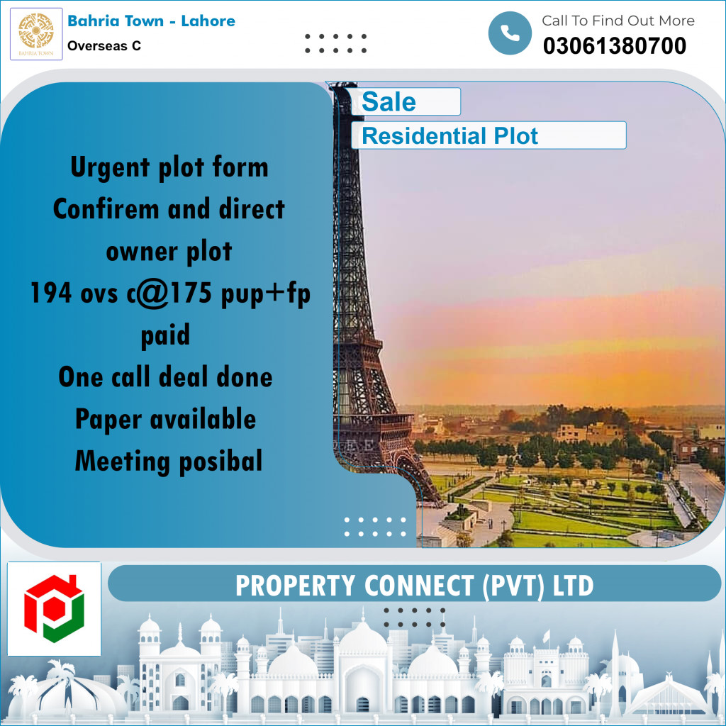 10 Marla Residential Plot for Sale in Overseas C -  Bahria Town, Lahore - (BP-349468)